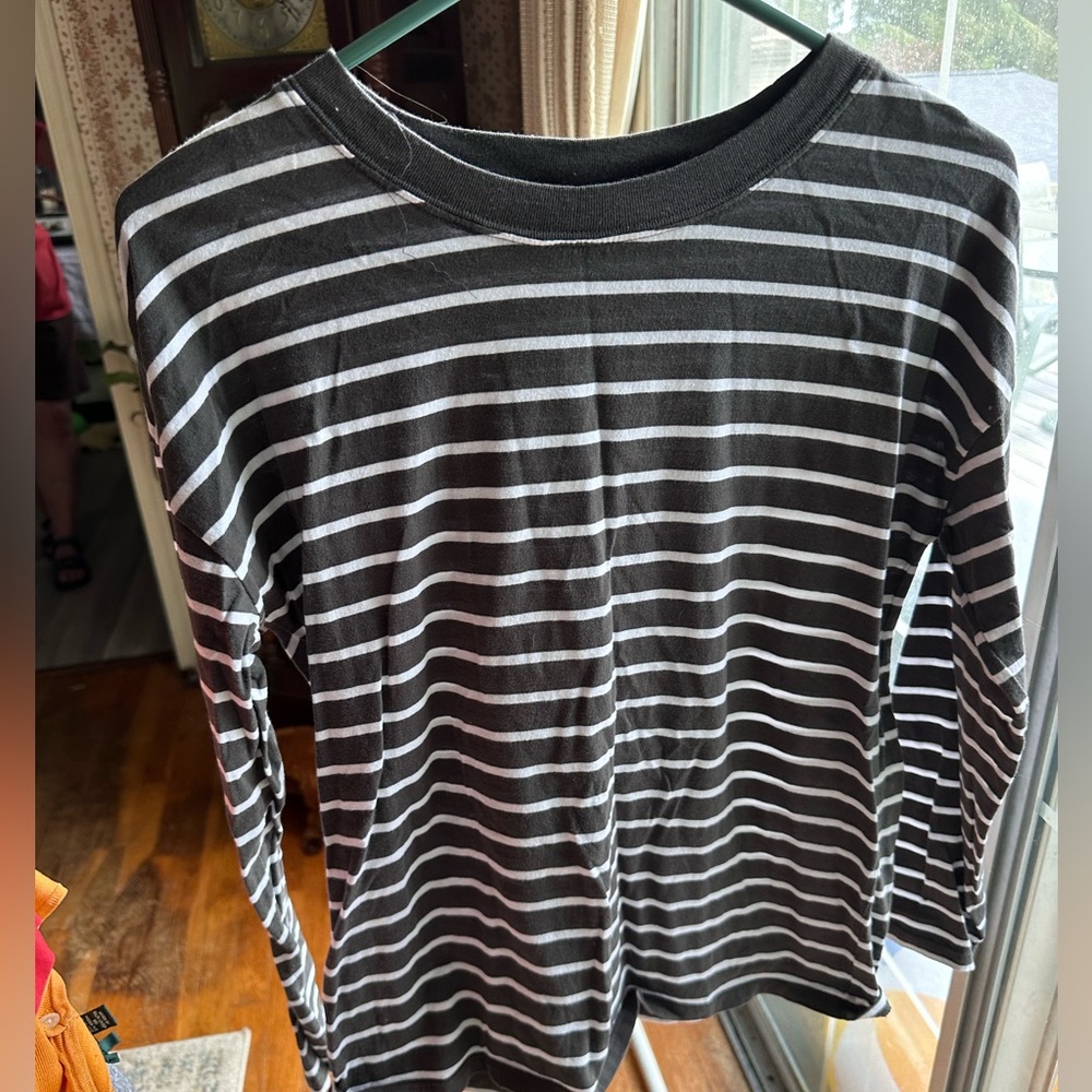 Gray and White Striped Long Sleeve Tee